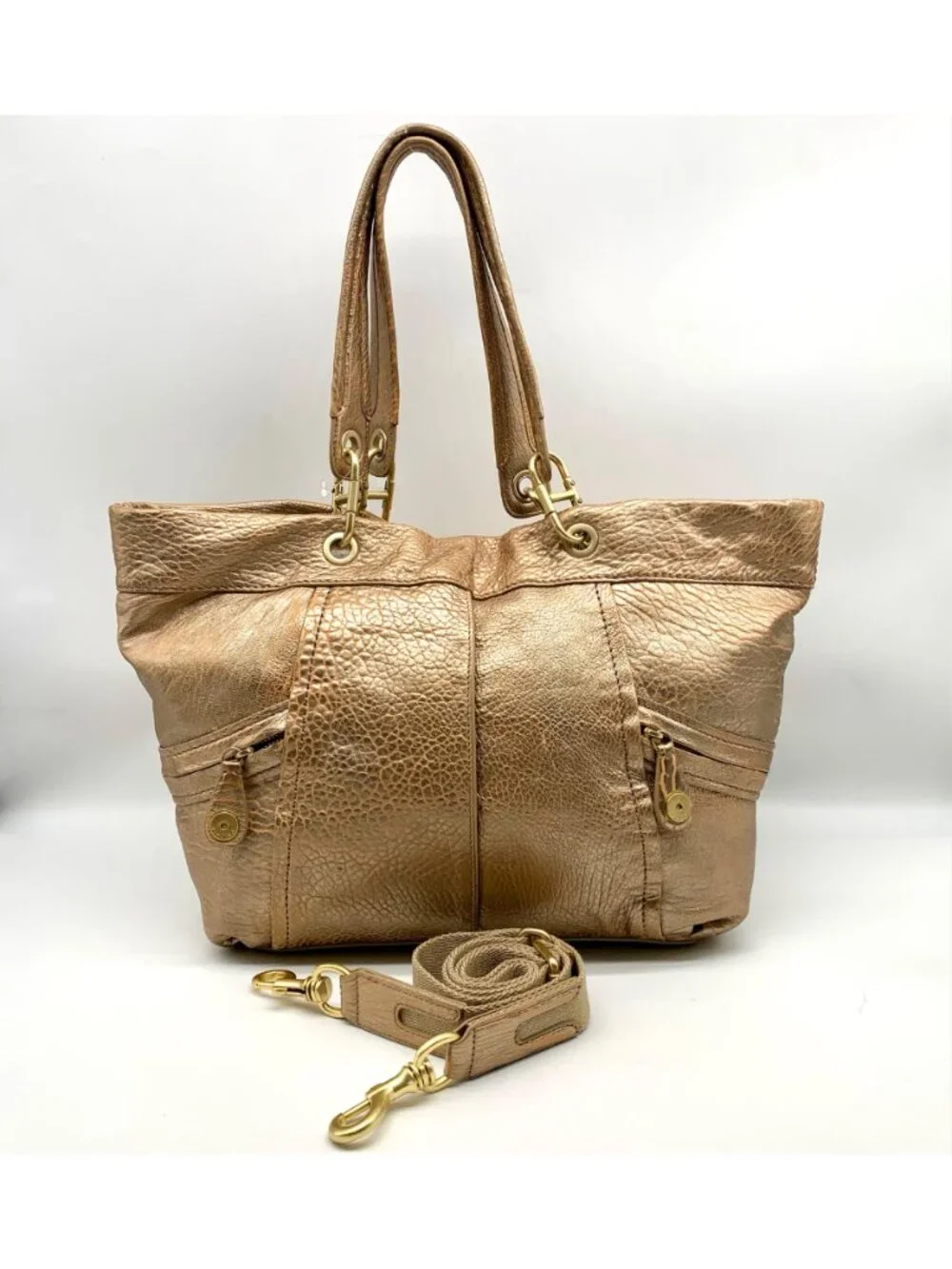 Kipling Metallic Gold Leather Celia Shopper Hobo